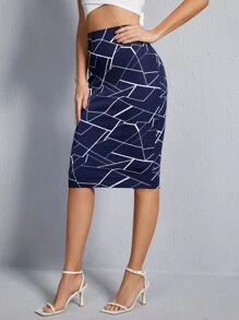 SHEIN Clasi 满版几何印花铅笔裙 - 藏蓝色 - 查看 5