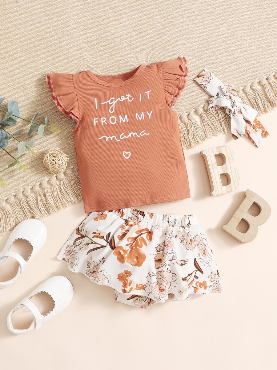 SHEIN Bộ đồ Em bé Xù Sò điệp Gân đan Hoa Slogan Boho - Nhiều màu - Xem 1