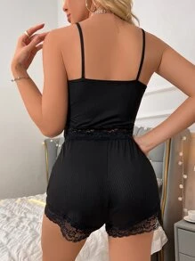 Eyelash Trim Crop Cami Top & Shorts PJ Set / Pajama Set - Black - View 2