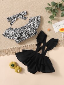 SHEIN 嬰兒碎花荷葉邊上衣和背帶褲附髮帶 - 黑與白 - 查看 1