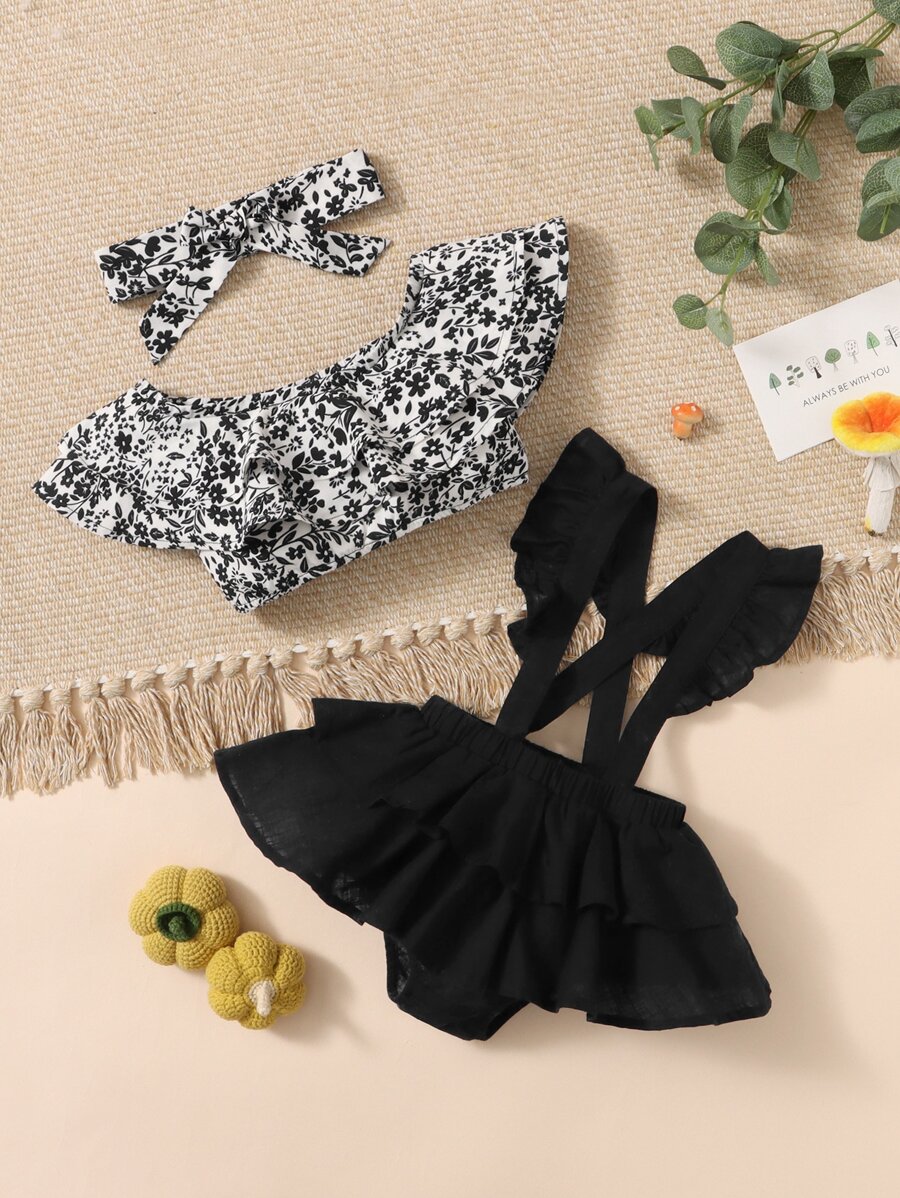 SHEIN 嬰兒碎花荷葉邊上衣和背帶褲附髮帶 - 黑與白 - 查看 1