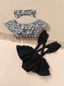 SHEIN 嬰兒碎花荷葉邊上衣和背帶褲附髮帶 - 黑與白 - 查看 2