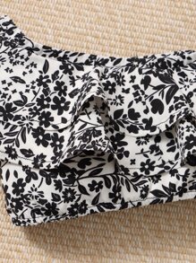 SHEIN 嬰兒碎花荷葉邊上衣和背帶褲附髮帶 - 黑與白 - 查看 3