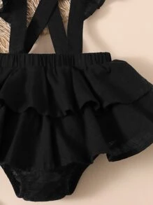 SHEIN 嬰兒碎花荷葉邊上衣和背帶褲附髮帶 - 黑與白 - 查看 4