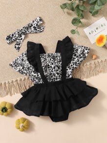 SHEIN 嬰兒碎花荷葉邊上衣和背帶褲附髮帶 - 黑與白 - 查看 5