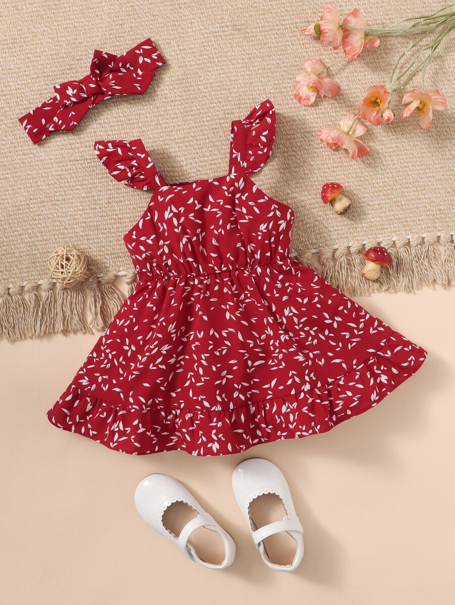 SHEIN Baby Ruffle Hem Leaves Print Dress With Headband - Burgundy - View 1