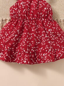 SHEIN Baby Ruffle Hem Leaves Print Dress With Headband - Burgundy - View 4