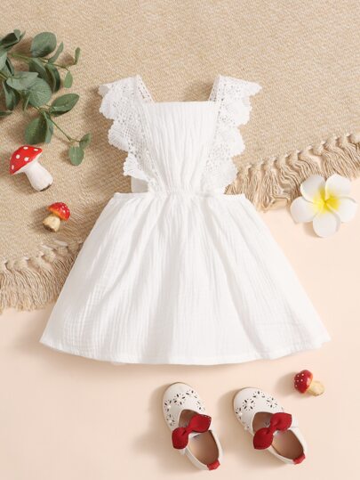 SHEIN Baby Girl Scallop Lace Trim Bow Back Dress