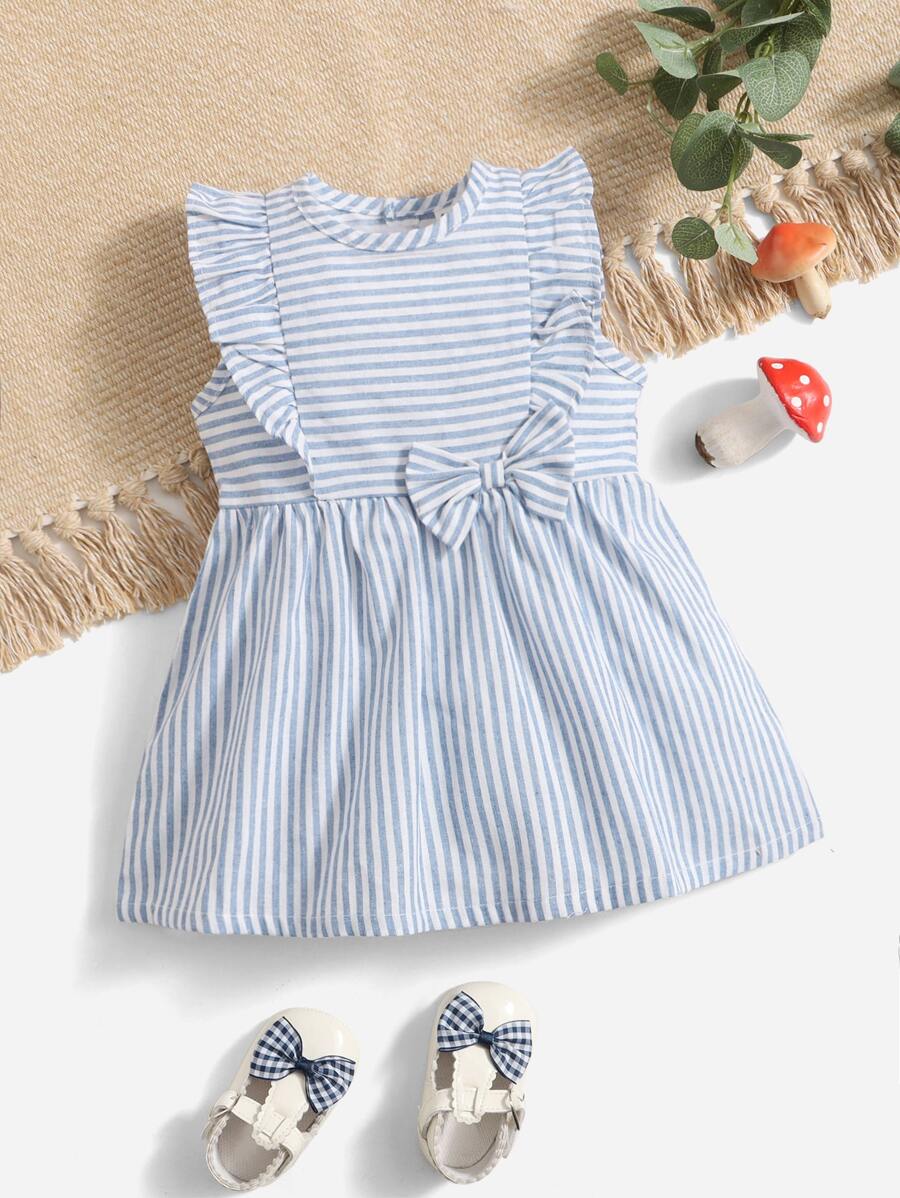 SHEIN Baby Girl Bow Front Striped Dress - Blue and White - View 1
