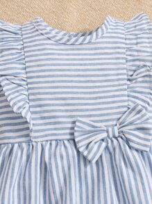 SHEIN Baby Girl Bow Front Striped Dress - Blue and White - View 3