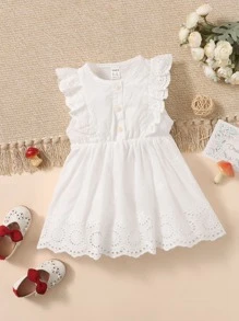 SHEIN Đầm em bé Xù Nút phía trước Tranh thêu màu trơn Dễ thương - trắng - Xem 1