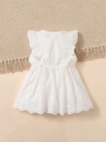 SHEIN Đầm em bé Xù Nút phía trước Tranh thêu màu trơn Dễ thương - trắng - Xem 2