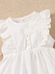 SHEIN Đầm em bé Xù Nút phía trước Tranh thêu màu trơn Dễ thương - trắng - Xem 3