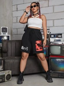 ROMWE PUNK Plus Figure & Letter Graphic Shorts - Black - View 5