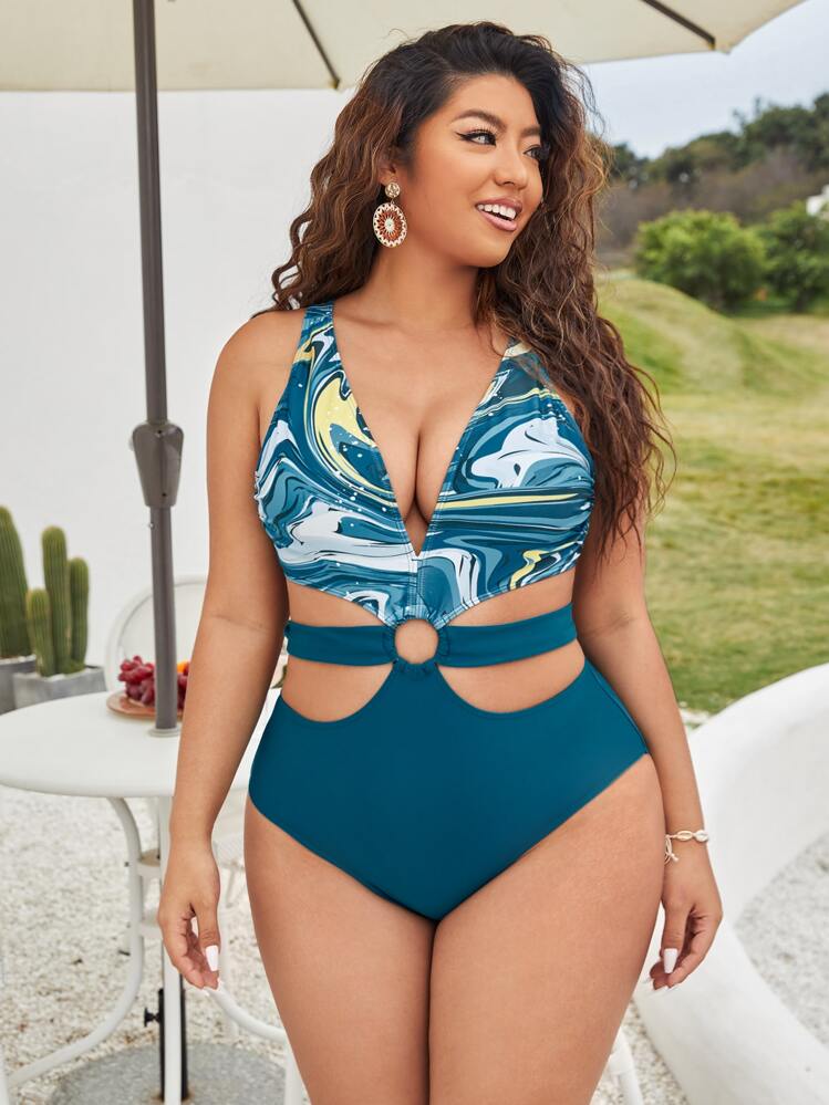 プラス 流体パターン リングリンク ワンピース水着 | SHEIN JAPAN