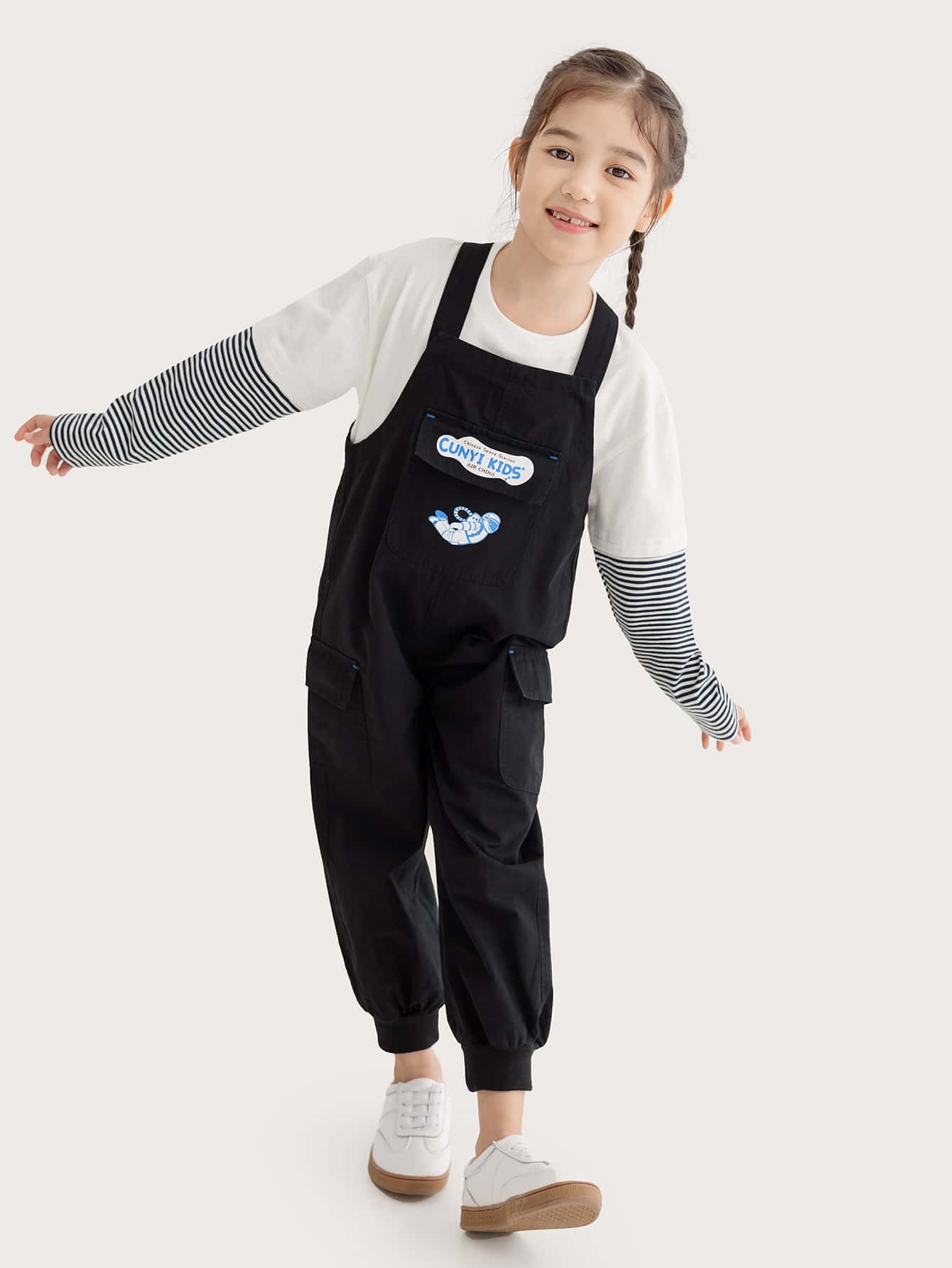 Niñas Jumpsuit overol con letra & con estampado de astronauta sin camiseta - Negro - Ver 1