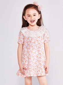 小女童後鎖孔植物圖案泡泡袖連衣裙 - 彩色 - 查看 1