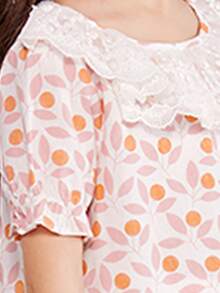 小女童後鎖孔植物圖案泡泡袖連衣裙 - 彩色 - 查看 3