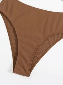 Traje de baño de bikini con sujetador cortado con patrón fluido y fondo de baño de cintura alta para la playa en verano - Marrón - Ver 4