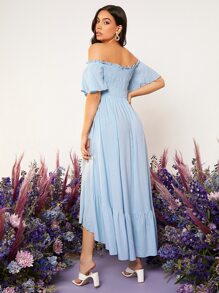 SHEIN Maternity Off Shoulder Flutter Sleeve Ruched Bust Dress - Baby Blue - View 2