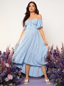 SHEIN Maternity Off Shoulder Flutter Sleeve Ruched Bust Dress - Baby Blue - View 3