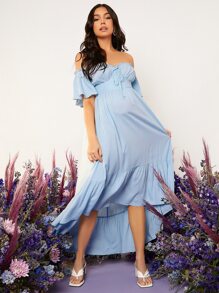 SHEIN Maternity Off Shoulder Flutter Sleeve Ruched Bust Dress - Baby Blue - View 5
