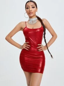 SHEIN PETITE Solid Leather Look Bodycon Dress - Red - View 5