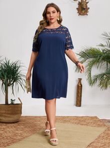 EMERY ROSE Plus Lace Yoke & Sleeve Dress - Navy Blue - View 4