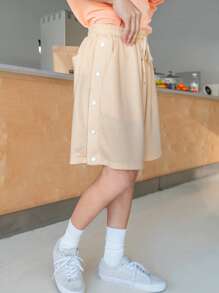 Manfinity 男士腰部抽繩素色短褲 - 杏色 - 查看 4