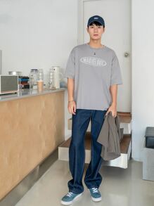 Manfinity NXTstreet Men Drop Shoulder Letter Graphic Tee - Light Grey - View 8