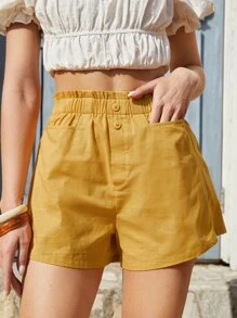 SHEIN Paperbag Waist Wide Leg Shorts - Mustard Yellow - View 1
