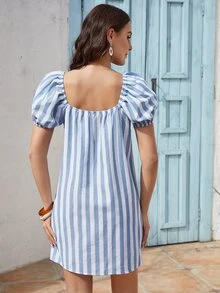 SHEIN Đầm Thắt nút Sọc Boho - Xanh và trắng - Xem 2