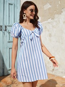 SHEIN Đầm Thắt nút Sọc Boho - Xanh và trắng - Xem 4