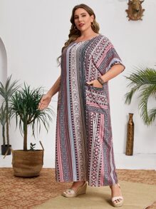 Mulvari Plus Patch Pocket Striped Print Tunic Dress - Multicolor - View 1