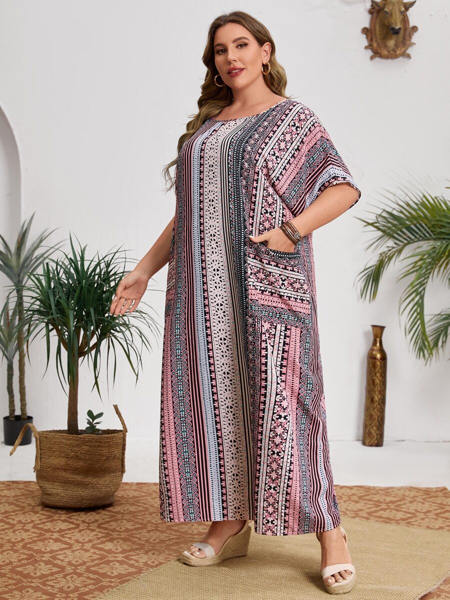 Mulvari Plus Patch Pocket Striped Print Tunic Dress - Multicolor - View 1