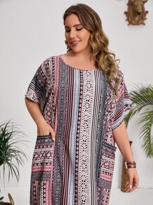 Mulvari Plus Patch Pocket Striped Print Tunic Dress - Multicolor - View 4