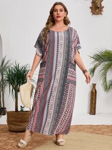 Mulvari Plus Patch Pocket Striped Print Tunic Dress - Multicolor - View 5