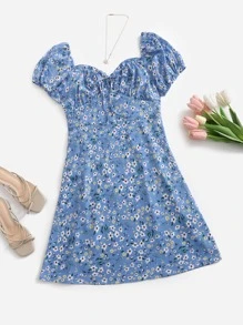 SHEIN Unity Plus Puff Sleeve Ruched Bust Ditsy Floral Milkmaid Dress - Multicolor - View 1