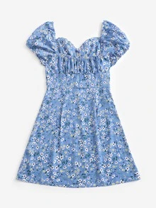 SHEIN Unity Plus Puff Sleeve Ruched Bust Ditsy Floral Milkmaid Dress - Multicolor - View 2