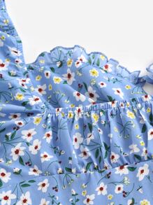 SHEIN Unity Plus Puff Sleeve Ruched Bust Ditsy Floral Milkmaid Dress - Multicolor - View 3