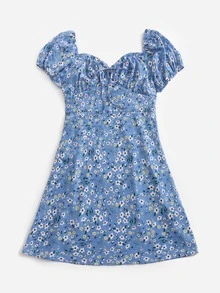 SHEIN Unity Plus Puff Sleeve Ruched Bust Ditsy Floral Milkmaid Dress - Multicolor - View 5