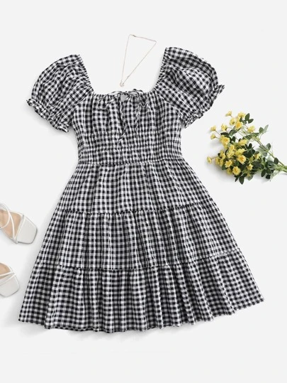 Soleia Plus Puffärm Tie Front Volang Hem Gingham Summer Boho Dress