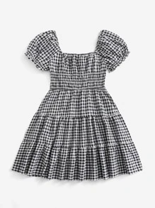Soleia Plus Puff Sleeve Tie Front Ruffle Hem Gingham Summer Boho Dress,Beach Dress Sundress,Holiday Outfits - Black and White - View 2