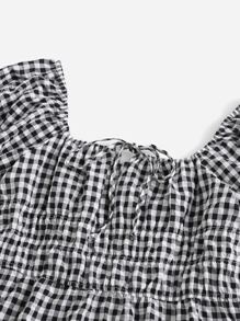 Soleia Plus Puff Sleeve Tie Front Ruffle Hem Gingham Summer Boho Dress,Beach Dress Sundress,Holiday Outfits - Black and White - View 3