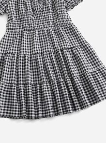 Soleia Plus Puff Sleeve Tie Front Ruffle Hem Gingham Summer Boho Dress,Beach Dress Sundress,Holiday Outfits - Black and White - View 4