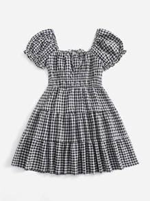 Soleia Plus Puff Sleeve Tie Front Ruffle Hem Gingham Summer Boho Dress,Beach Dress Sundress,Holiday Outfits - Black and White - View 5