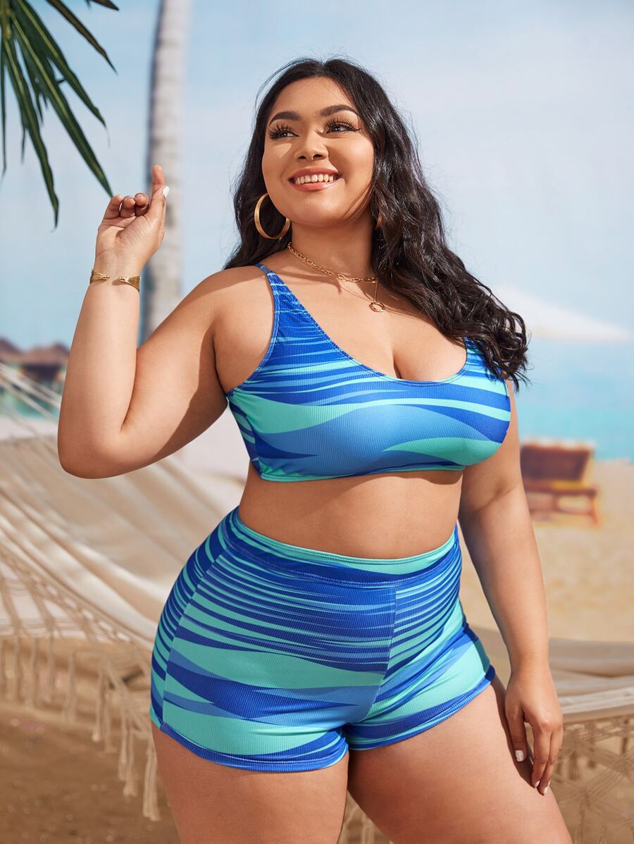 大尺碼彩色網格短褲比基尼套裝，夏季沙灘必備 - 彩色 - 查看 1