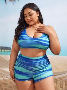 大尺碼彩色網格短褲比基尼套裝，夏季沙灘必備 - 彩色 - 查看 4