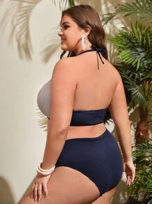 大尺碼拼色領口比基尼套裝，夏季沙灘必備 - 彩色 - 查看 2