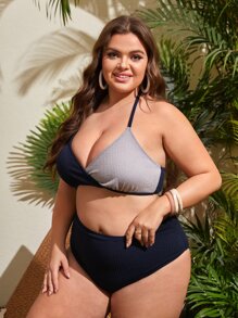 大尺碼拼色領口比基尼套裝，夏季沙灘必備 - 彩色 - 查看 4